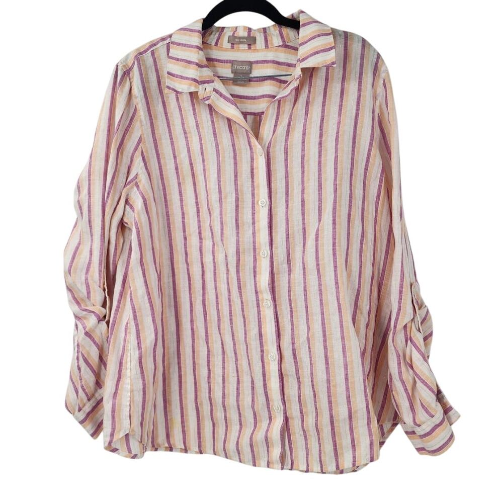CHICO'S Linen Metallic Striped Roll-Tab Shirt Womens Size 2 (Large) L